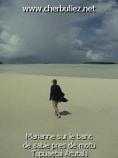 légende: Marianne sur le banc de sable pres de motu Tapuaetai Aitutaki
qualityCode=raw
sizeCode=half

Données de l'image originale:
Taille originale: 148959 bytes
Temps d'exposition: 1/600 s
Diaph: f/680/100
Heure de prise de vue: 2003:04:14 12:58:31
Flash: non
Focale: 42/10 mm
